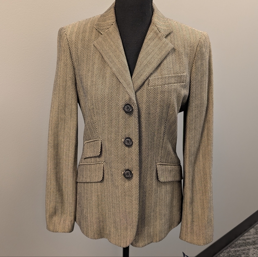 CHAPS Ralph Lauren Herringbone Blazer Jacket Black Tan Cotton Tailored Size 6 - Picture 10 of 16